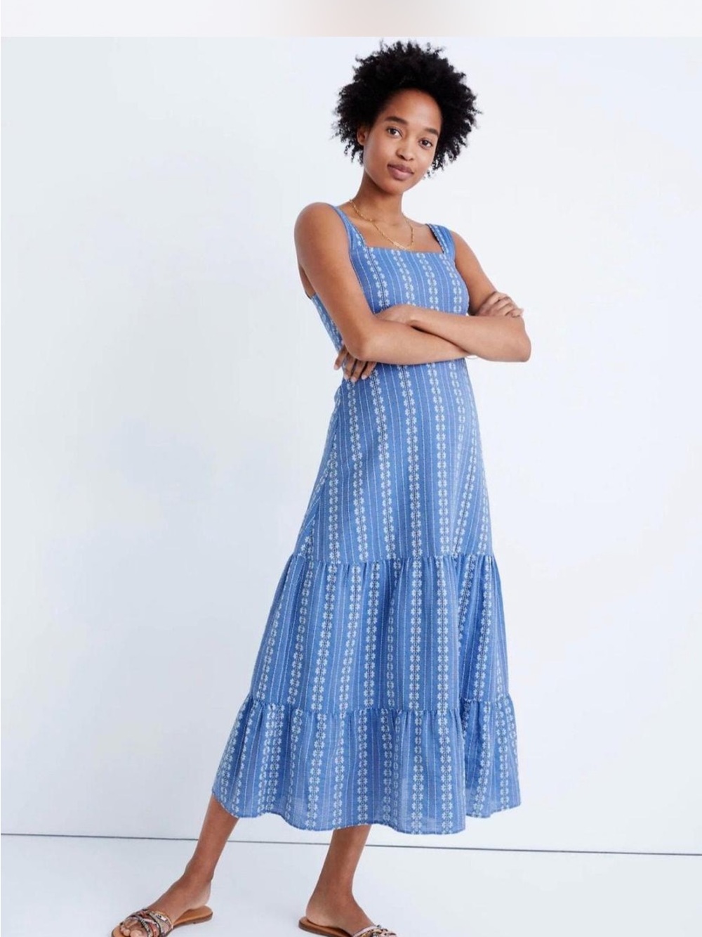 Madewell Blue Printed Square-Neck Midi Dress